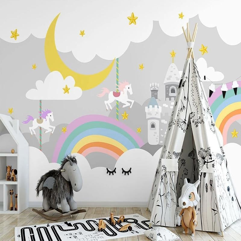 Princess Mural Wallpaper | Magical Castle with Rainbow and Unicorns