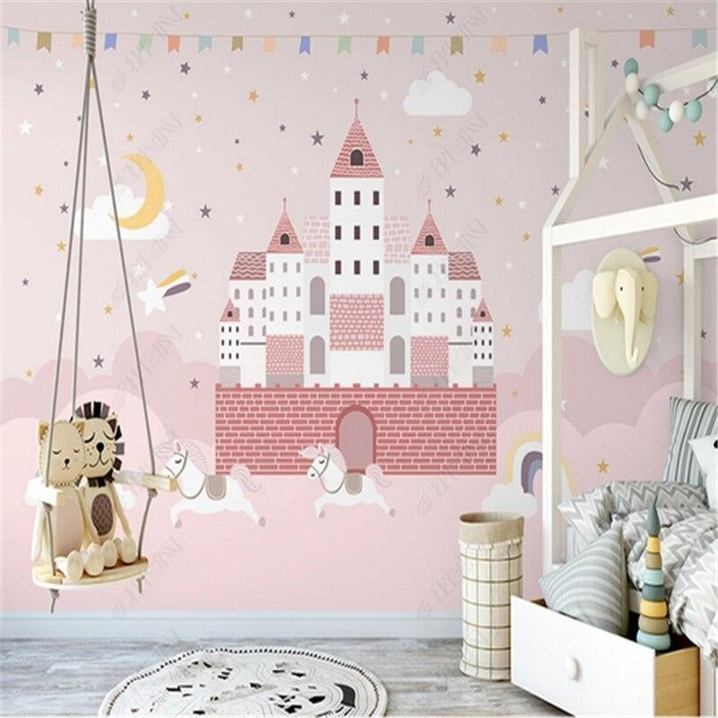 Castle Mural Wallpaper | Pink Princess Fantasy with Stars