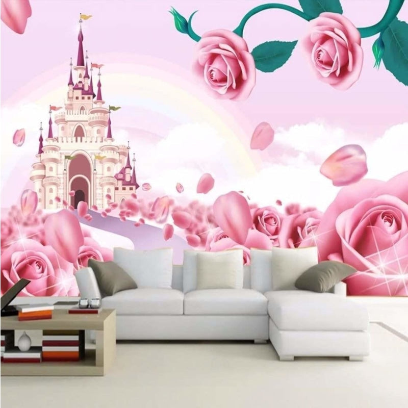 Princess Castle Mural Wallpaper | Pink Roses and Fantasy Palace