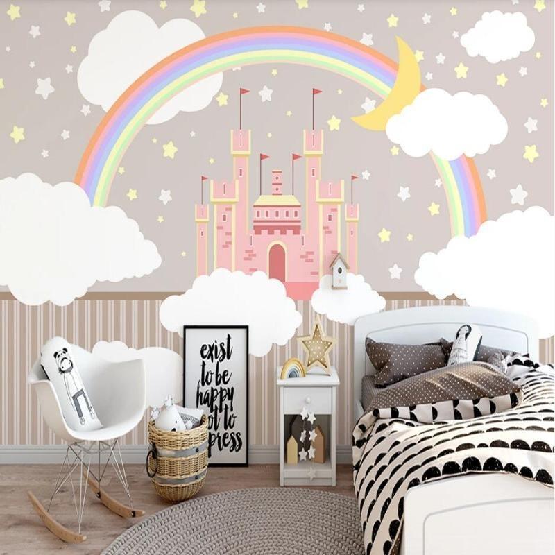 Princess Castle Mural Wallpaper | Pink Palace with Rainbow and Stars