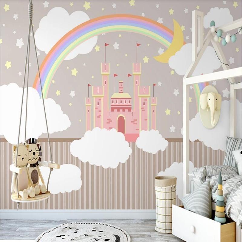 Princess Castle Mural Wallpaper | Pink Palace with Rainbow and Stars