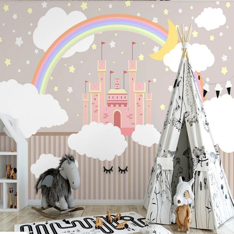 Princess Castle Mural Wallpaper | Pink Palace with Rainbow and Stars