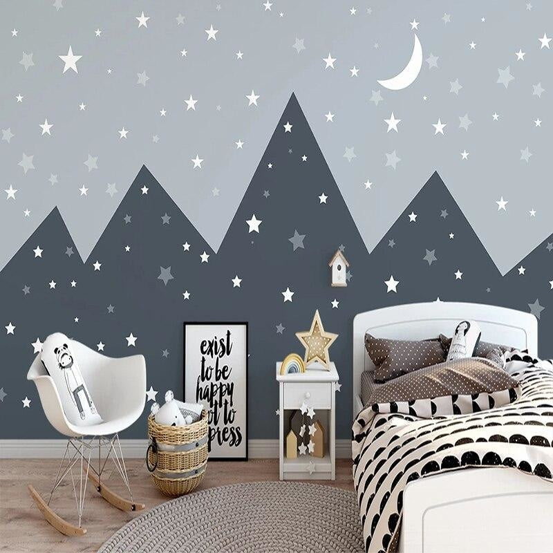 Mountain Mural Wallpaper | Starry Night Sky with Grey Peaks