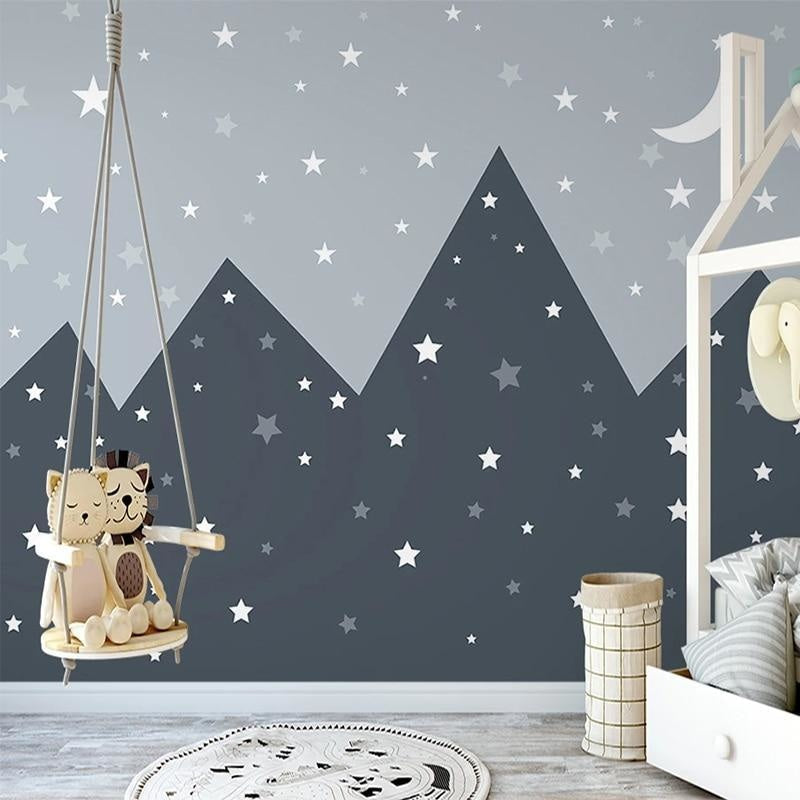 Mountain Mural Wallpaper | Starry Night Sky with Grey Peaks