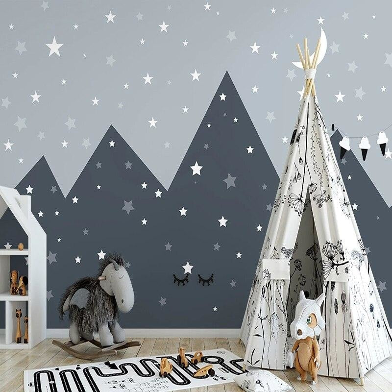 Mountain Mural Wallpaper | Starry Night Sky with Grey Peaks