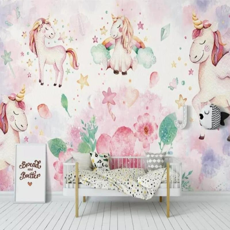 Unicorn Mural Wallpaper | Watercolor Fantasy with Pink Flowers