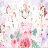 Unicorn Mural Wallpaper | Watercolor Fantasy with Pink Flowers