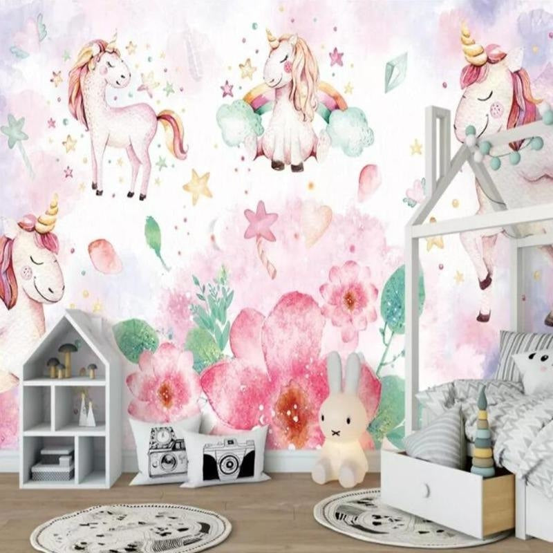 Unicorn Mural Wallpaper | Watercolor Fantasy with Pink Flowers