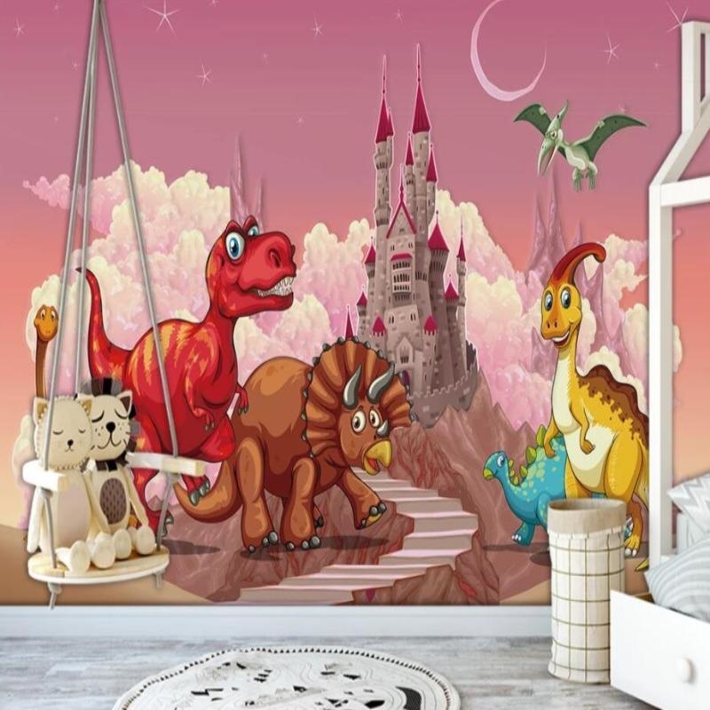 Dinosaur Mural Wallpaper | Castle Fantasy in Pink Sky