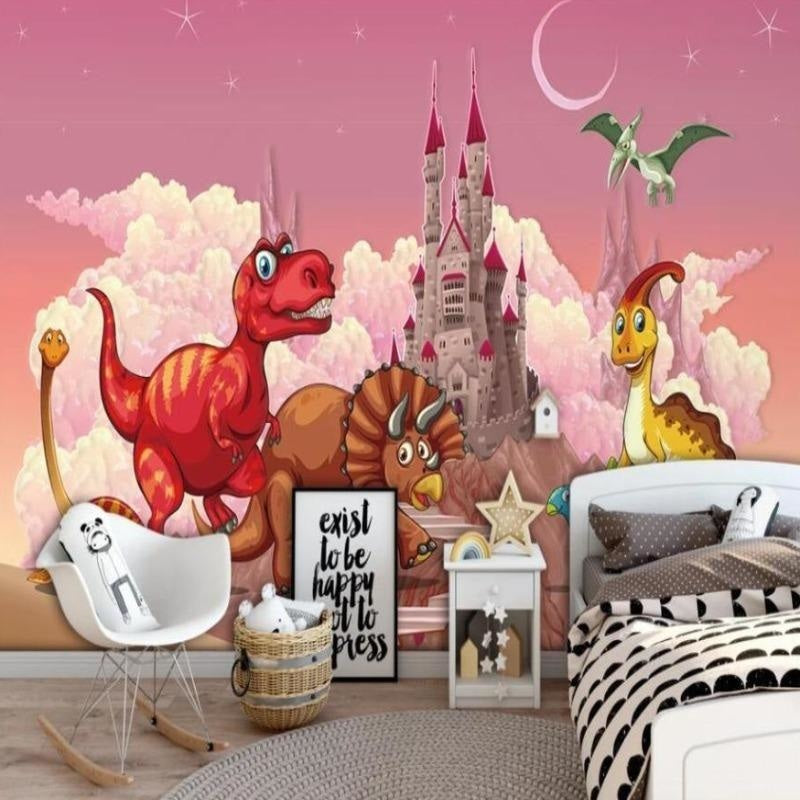 Dinosaur Mural Wallpaper | Castle Fantasy in Pink Sky