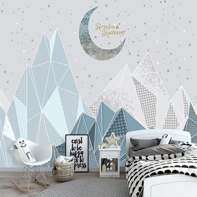 Mountain Mural Wallpaper | Geometric Nordic Pattern with Moon and Stars