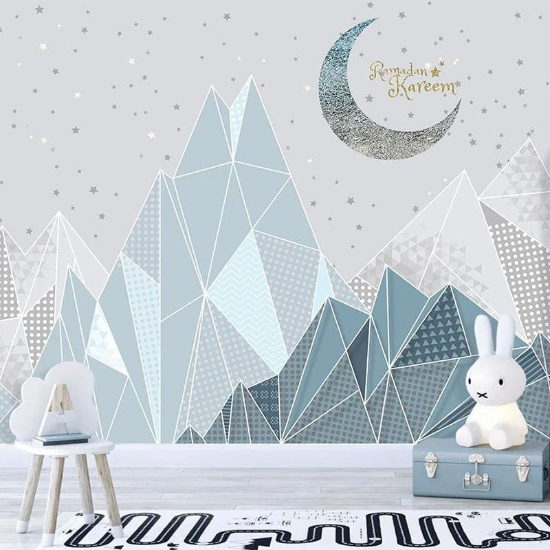 Mountain Mural Wallpaper | Geometric Nordic Pattern with Moon and Stars