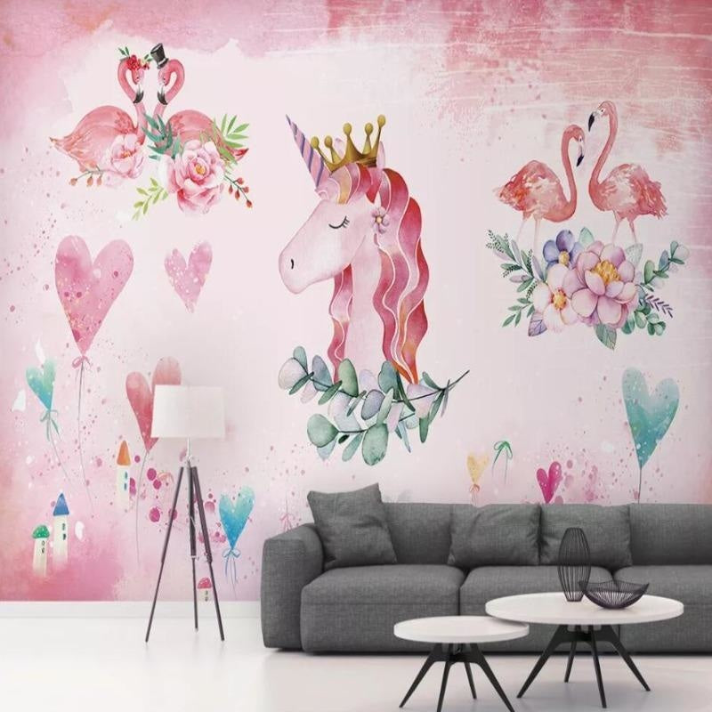 Kids Mural Wallpaper | Unicorn Princess and Flamingos in Pink
