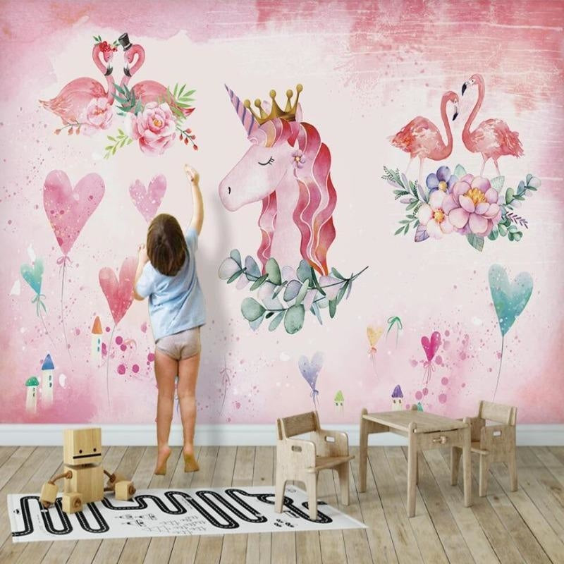 Kids Mural Wallpaper | Unicorn Princess and Flamingos in Pink