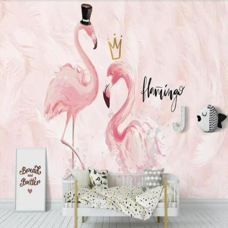 Flamingo Mural Wallpaper | Pink Watercolor with Golden Crown