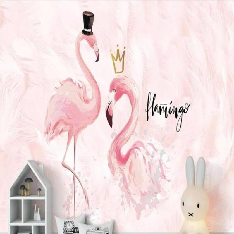 Flamingo Mural Wallpaper | Pink Watercolor with Golden Crown