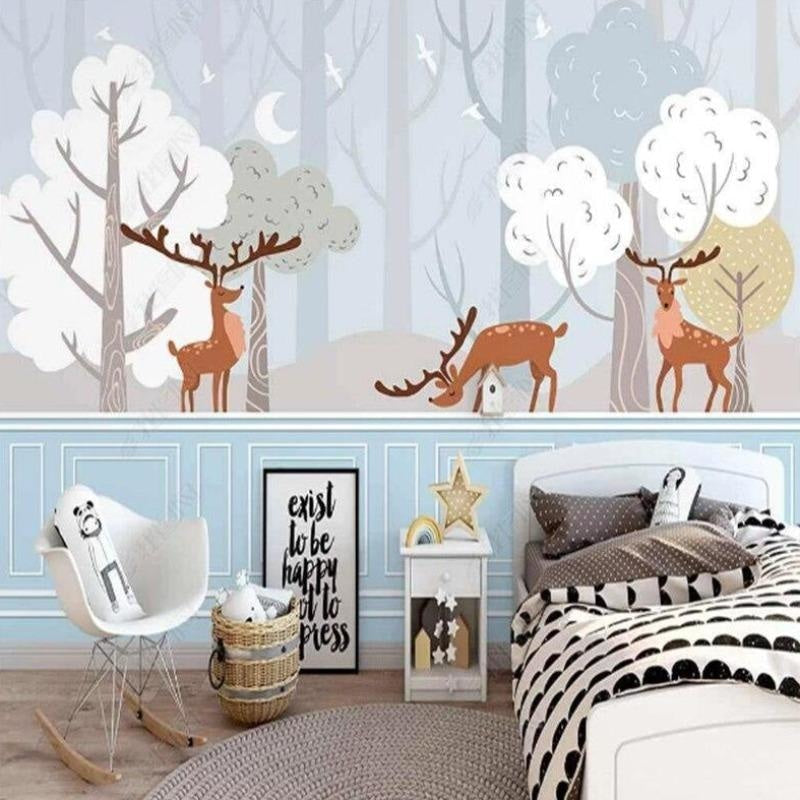 Forest Animals Mural Wallpaper | Winter Deer Scene with Moon