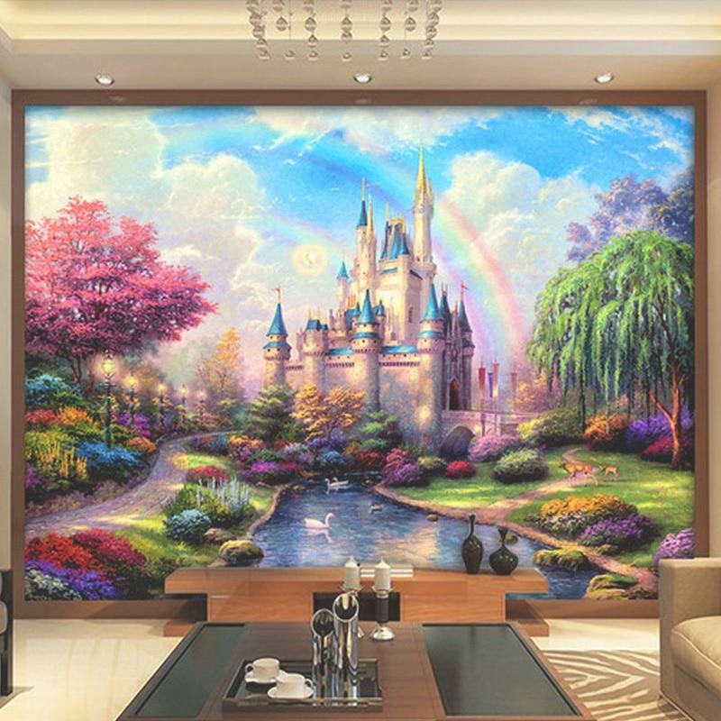Princess Castle Mural Wallpaper | Enchanted Garden With Rainbow