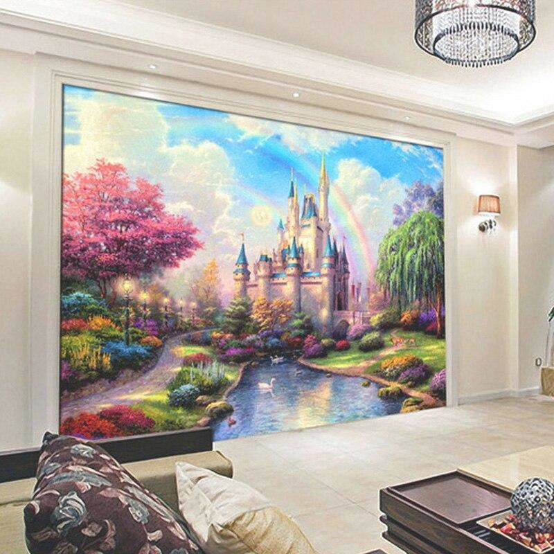 Princess Castle Mural Wallpaper | Enchanted Garden With Rainbow