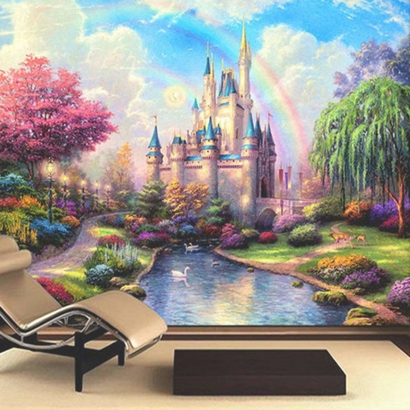 Princess Castle Mural Wallpaper | Enchanted Garden With Rainbow