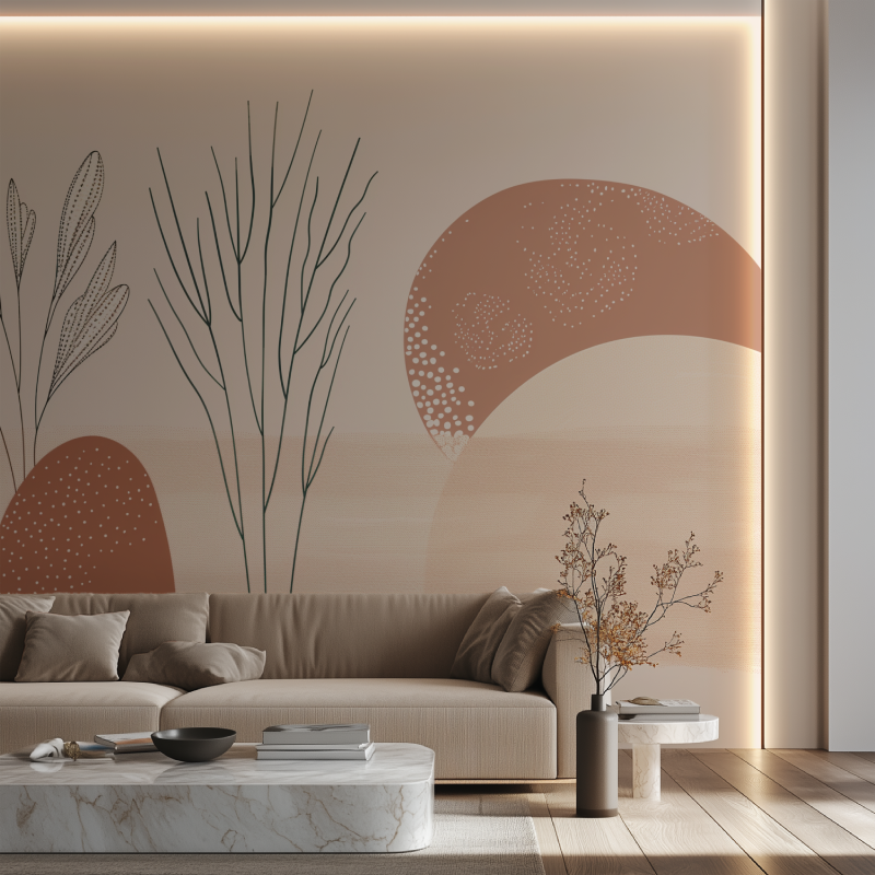 Abstract Mural Wallpaper | Minimalist Terracotta Sunrise With Line Art