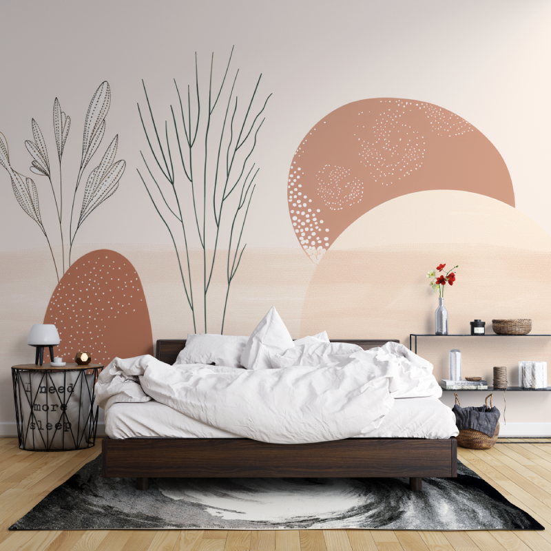 Abstract Mural Wallpaper | Minimalist Terracotta Sunrise With Line Art