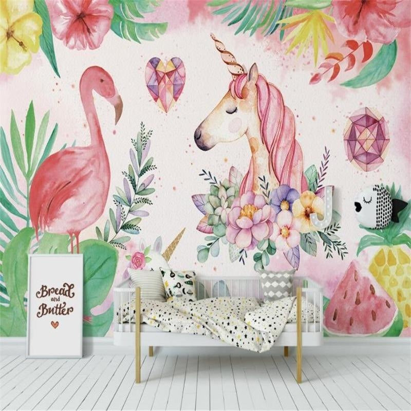 Kids Mural Wallpaper | Tropical Unicorn and Flamingo Paradise