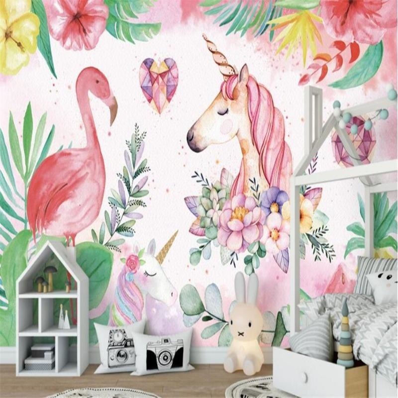Kids Mural Wallpaper | Tropical Unicorn and Flamingo Paradise