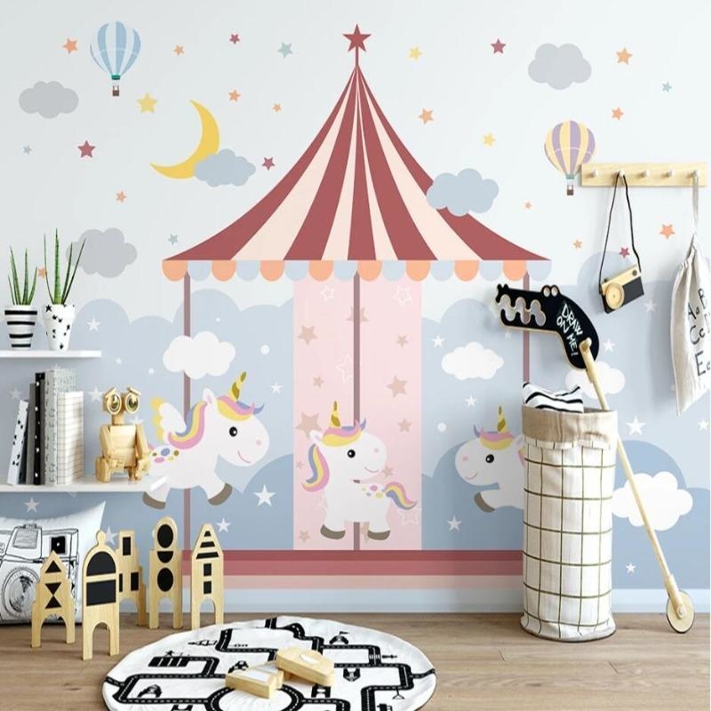 Unicorn Mural Wallpaper | Carousel Fantasy with Hot Air Balloons