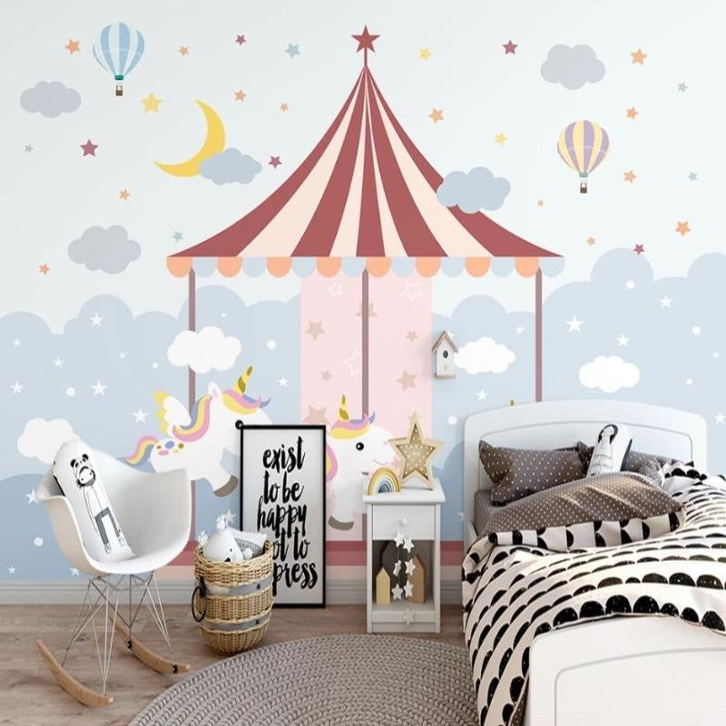 Unicorn Mural Wallpaper | Carousel Fantasy with Hot Air Balloons
