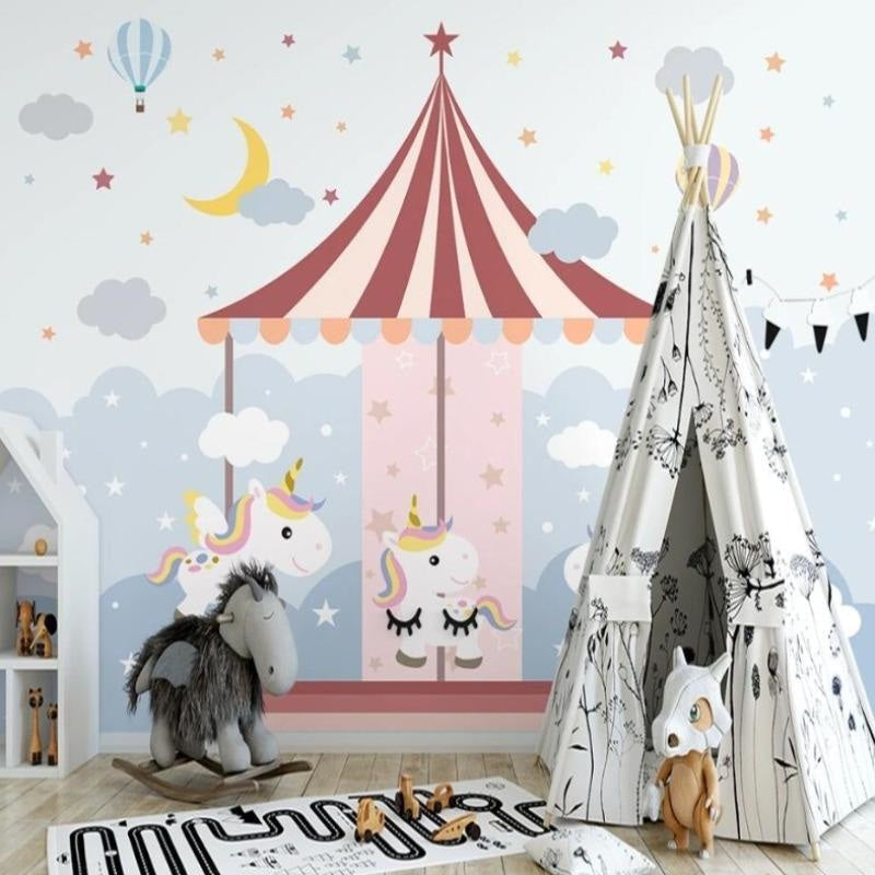 Unicorn Mural Wallpaper | Carousel Fantasy with Hot Air Balloons