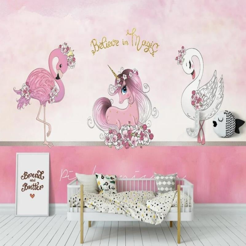 Unicorn Mural Wallpaper | Pink Fantasy with Swan and Flamingo