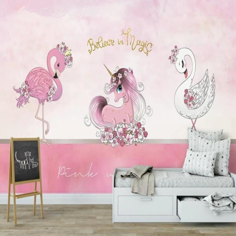 Unicorn Mural Wallpaper | Pink Fantasy with Swan and Flamingo