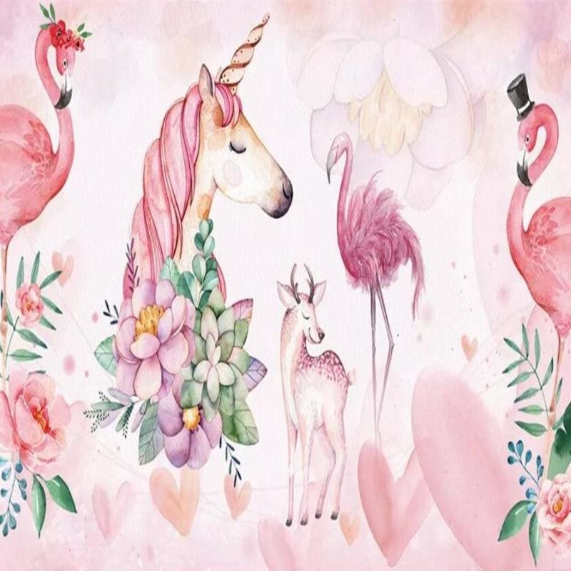 Unicorn Mural Wallpaper | Pink Fantasy with Flamingos and Deer