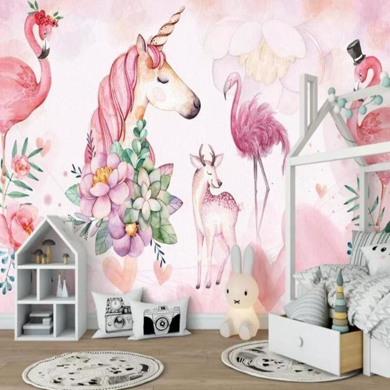 Unicorn Mural Wallpaper | Pink Fantasy with Flamingos and Deer