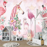 Unicorn Mural Wallpaper | Pink Fantasy with Flamingos and Deer