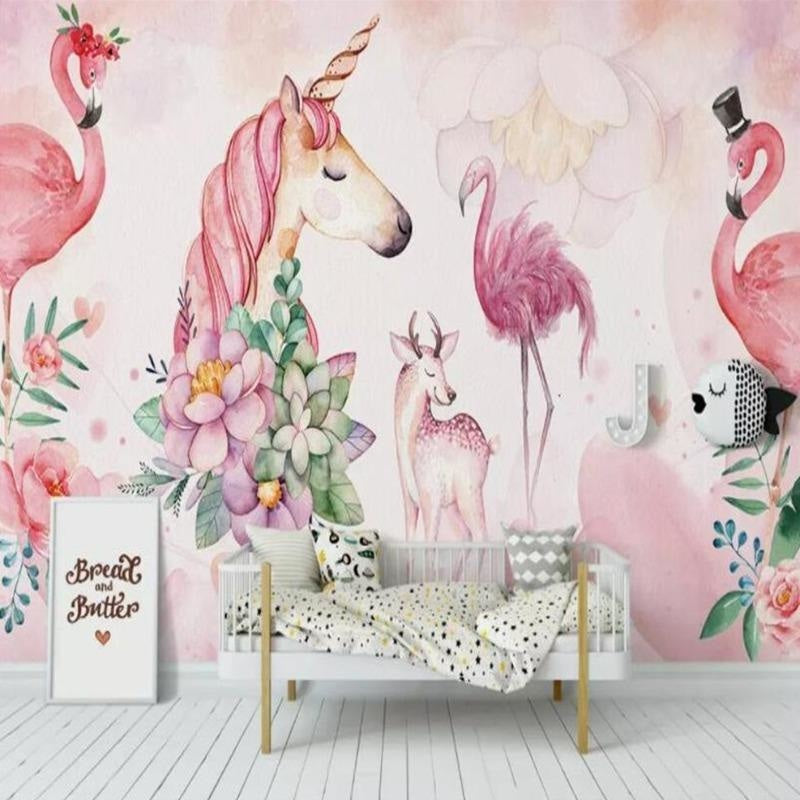 Unicorn Mural Wallpaper | Pink Fantasy with Flamingos and Deer