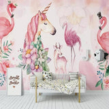 Unicorn Mural Wallpaper | Pink Fantasy with Flamingos and Deer