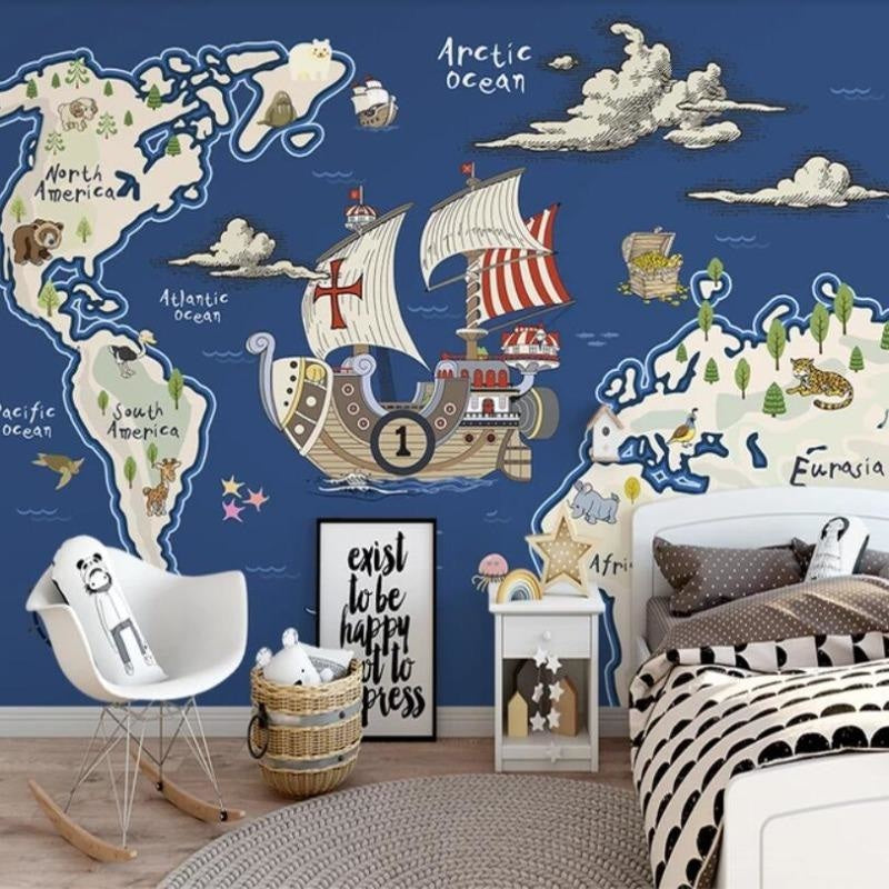 World Map Mural Wallpaper | Adventure Pirate Ship Design