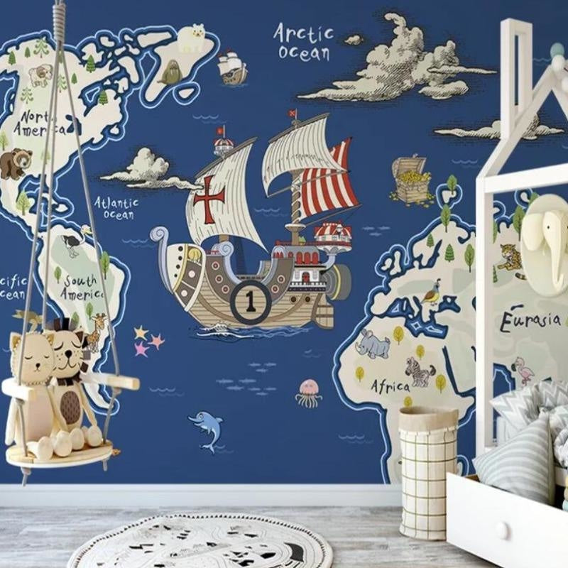 World Map Mural Wallpaper | Adventure Pirate Ship Design