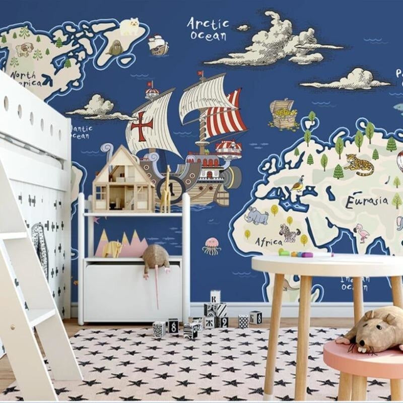 World Map Mural Wallpaper | Adventure Pirate Ship Design