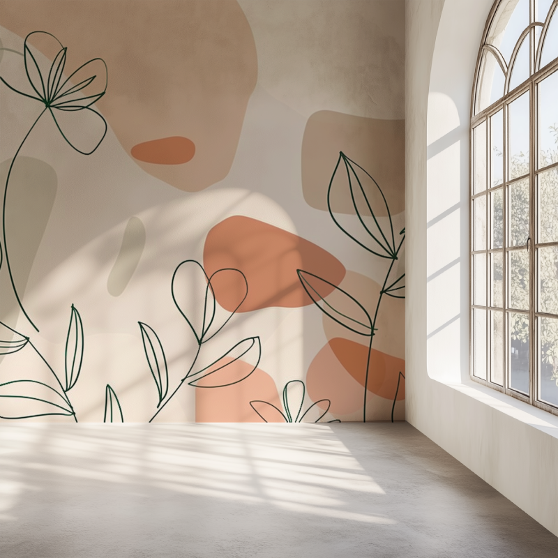 Abstract Floral Mural Wallpaper | Modern Line Art with Terracotta Shapes