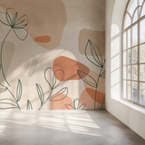 Abstract Floral Mural Wallpaper | Modern Line Art with Terracotta Shapes