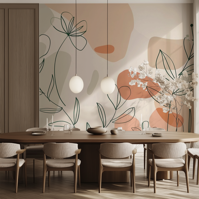 Abstract Floral Mural Wallpaper | Modern Line Art with Terracotta Shapes