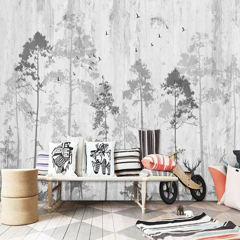 Forest Mural Wallpaper | Black and White Pine Trees with Birds