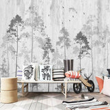 Forest Mural Wallpaper | Black and White Pine Trees with Birds
