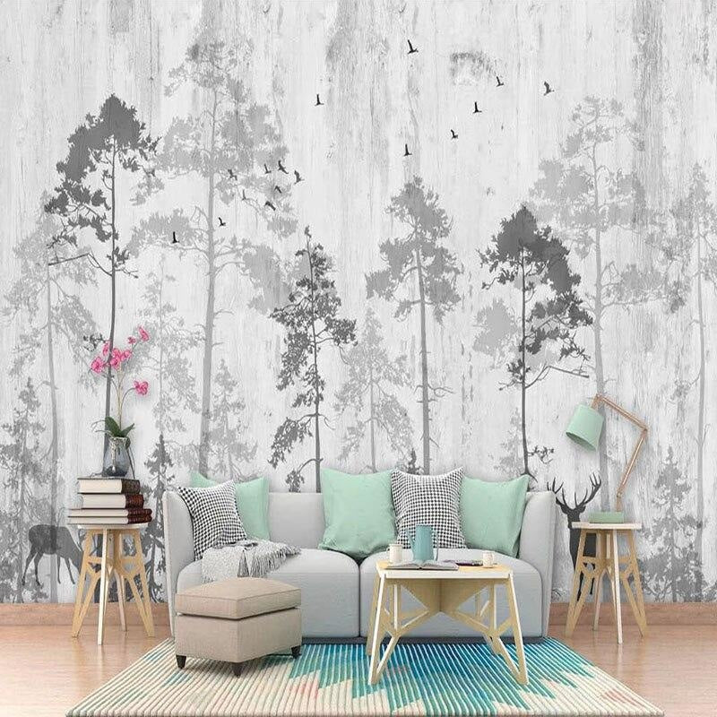 Forest Mural Wallpaper | Black and White Pine Trees with Birds