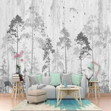 Forest Mural Wallpaper | Black and White Pine Trees with Birds