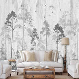 Forest Mural Wallpaper | Black and White Pine Trees with Birds