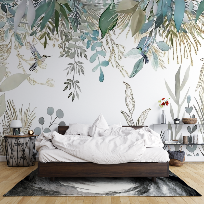 Botanical Mural Wallpaper | Watercolor Birds and Foliage
